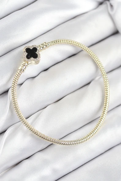 Pirinç Charm Zirkon Taşlı Yonca Model Gold Renk Kadın Bileklik ürün görseli 1