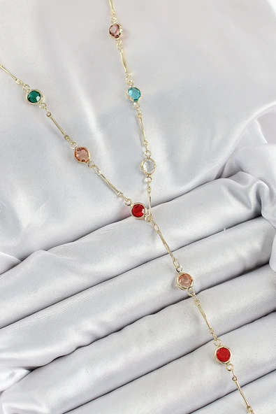 Pirinç Asorti Model Gold Renk Zirkon Taşlı Y Kolye ürün görseli 1
