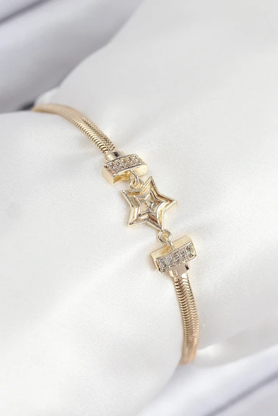 Pirinç Zirkon Taşlı Yıldız Model Gold Renk Kadın Bileklik ürün görseli 1