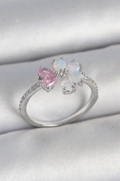 Pirinç Gümüş Renk Beyaz Mineli Pembe Zirkon Taşlı Çiçek Model Kadın Yüzük ürün görseli 1