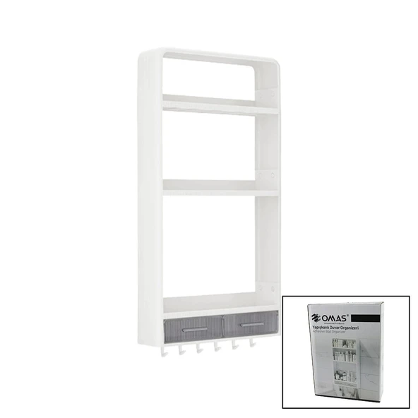 Beyaz Yapişkanli Duvar Organi̇zeri̇ Plasti̇k 3 Raf=14Cm-19Cm-30Cm - 2 Çekmece=40Cm - 6 Aski 19 Parça (5047) ürün görseli 1