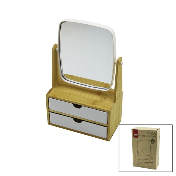 2 Çekmeceli̇ Bambu Ahşap Standli=9X9.9X17.8X21.5Cm Makyaj Aynasi=15X18Cm Takilik 1+1 Organi̇zer (5047) ürün görseli 1