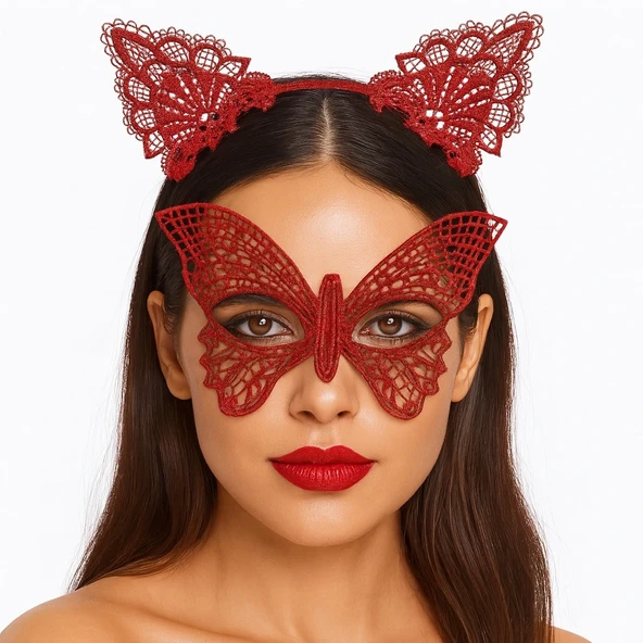 Gösterişli Kırmızı Dantel Maske Taç Seti 7 No – Masquerade Davetler Için (5047) ürün görseli 1