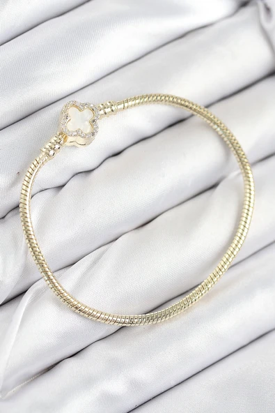 Pirinç Charm Zirkon Taşlı Yonca Model Gold Renk Kadın Bileklik ürün görseli 1