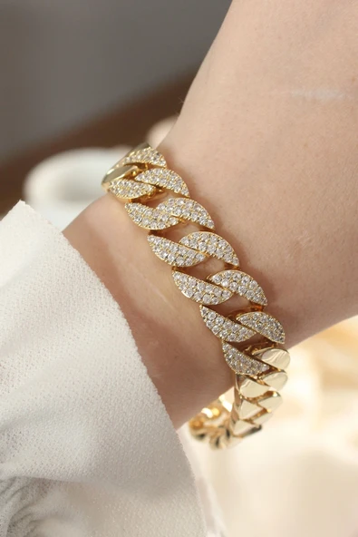 Vip Seri Pirinç Ortası Zirkon Taşlı Gold Renk Gurmet Bileklik ürün görseli 1