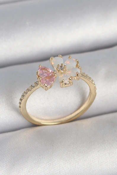 Pirinç Gold Renk Beyaz Mineli Pembe Zirkon Taşlı Çiçek Model Kadın Yüzük ürün görseli 1