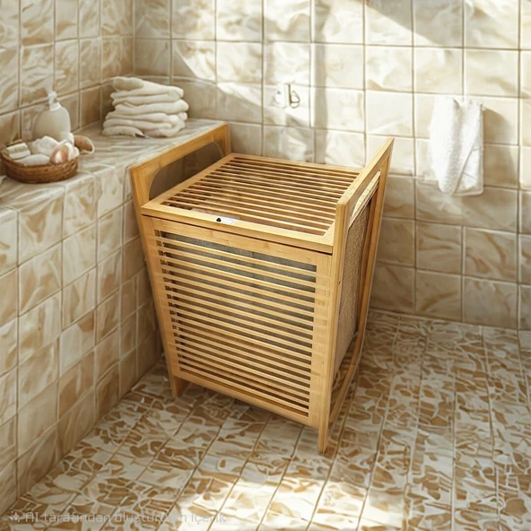 Ahşap Bambu Ki̇rli̇ Çamaşir Sepet Kumaş Çantali Sepet=40X35X60Cm (5047) ürün görseli 1