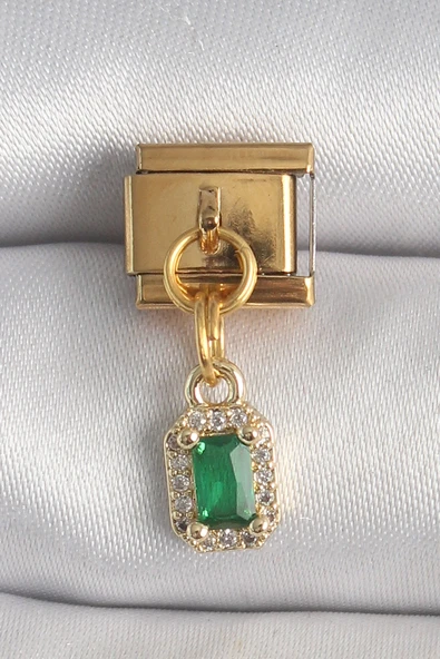 316L Çelik Gold Renk Sallantı Kare Yeşil Zirkon Taşlı Nomination Charm ürün görseli 1