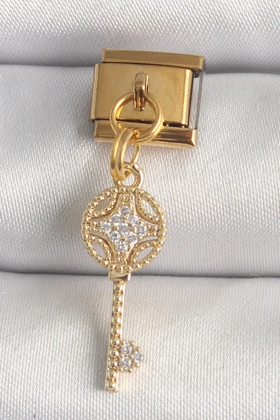316L Çelik Gold Renk Sallantı Zirkon Taşlı Anahtar Model Nomination Charm ürün görseli 1