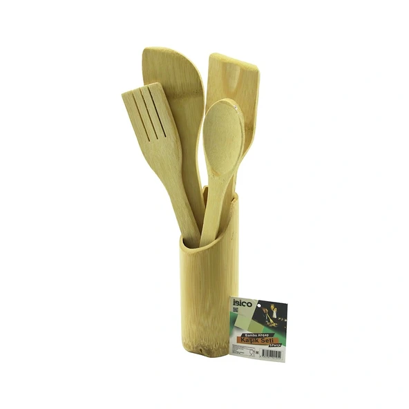 5Pcs Ahşap Bambu Mutfak Seti̇ Stand - Kaşik - Çatal - 2 Spatula Fi̇leli̇ (5047) ürün görseli 1