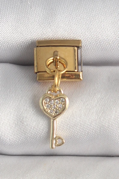 316L Çelik Gold Renk Sallantı Zirkon Taşlı Kalpli Anahtar Model Nomination Charm ürün görseli 1