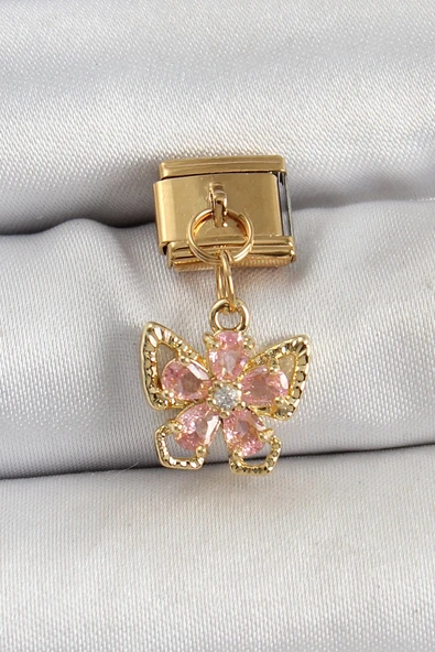 316L Çelik Sallantılı Zirkon Taşlı Çiçek Figürlü Model Gold Renk Nomination Charm ürün görseli 1