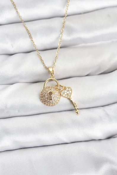 316L Çelik Zincir Gold Renk Kilit Anahtar Model Zirkon Taşlı Kadın Kolye ürün görseli 1