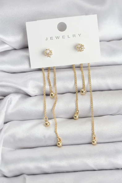 Topçuk Model Gold Renk Pirinç Sallantılı Kadın Küpe Seti ürün görseli 1