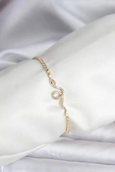 Yılan Model Zirkon Taşlı Gold Renk Pirinç Su Yolu Kadın Bileklik ürün görseli 1