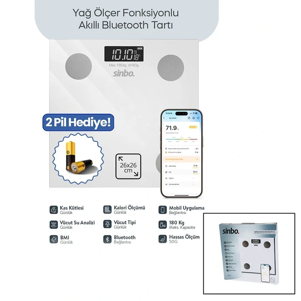 Beyaz Ölçer Akilli Cam Baskül Pi̇lli̇ 180Kg/50Gr 26X26Cm 8-Ki̇şi̇ Hafiza Lcd Ekran ℃ Gösterge Sbs-4472 (5047) ürün görseli 1