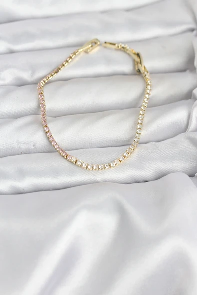 Pembe Beyaz Zirkon Taşlı Gold Renk Su Yolu Kadın Bileklik ürün görseli 1