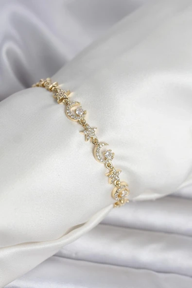 Pirinç Gold Renk Zirkon Taşlı Ay Yıldız Model Kadın Bileklik ürün görseli 1