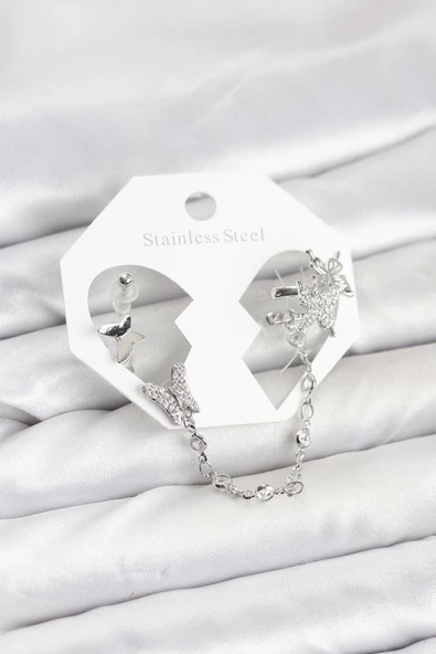 Pirinç Gümüş Renk Model Zincir Bağlantılı Ear Cuff Küpe Seti ürün görseli 1