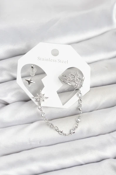 Kutup Yıldızı Model Pirinç Gümüş Renk Zincir Bağlantılı Ear Cuff Küpe Seti ürün görseli 1