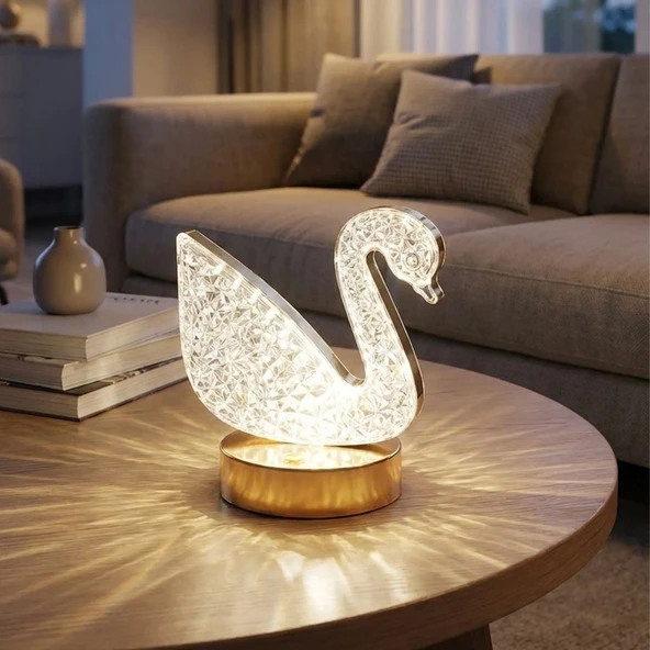 Kuğu Model Kristal Led Masa Lambası – Dokunmatik, 3 Renk Işık Modlu, Şarjlı Dekoratif Gece Lambası (5047) ürün görseli 1