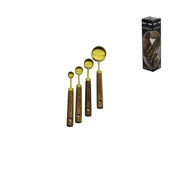 4 Pcs Gold Metal Ölçü Kaşik Seti̇ Otanti̇k Ağaç Kulp 15Ml - 5Ml - 2.5Ml - 1.25Ml (5047) ürün görseli 1