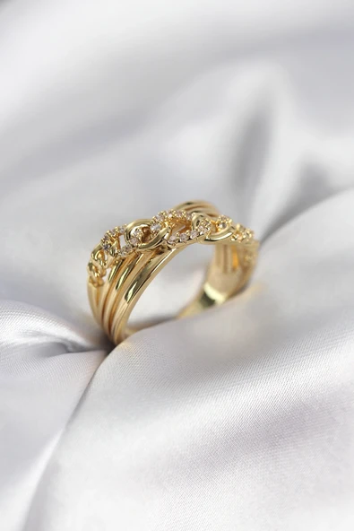 Gold Renk Zirkon Taşlı Zincir Model Kadın Yüzük ürün görseli 1