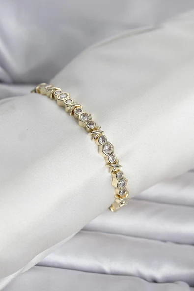 Pirinç Gold Renk Petek Model Zirkon Taşlı Kadın Bileklik ürün görseli 1