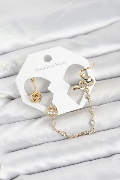 Pirinç Gold Renk Yılan Model Zincir Bağlantılı Ear Cuff Küpe Seti ürün görseli 1