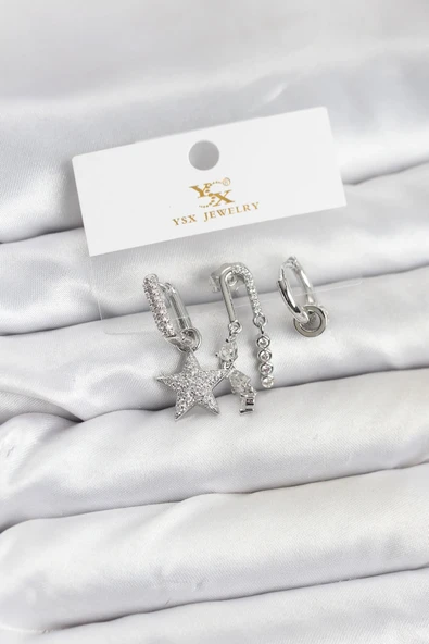 Pirinç Gümüş Renk Zirkon Taşlı Yıldız Model Ysx Trio Küpe Seti ürün görseli 1