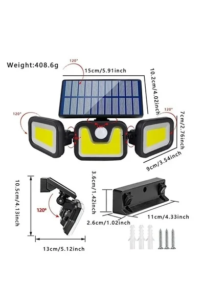 Üçlü Solar Led Projektör – Beyaz Işık – Sensörlü Dış Mekân Aydınlatma (5047) ürün görseli 1