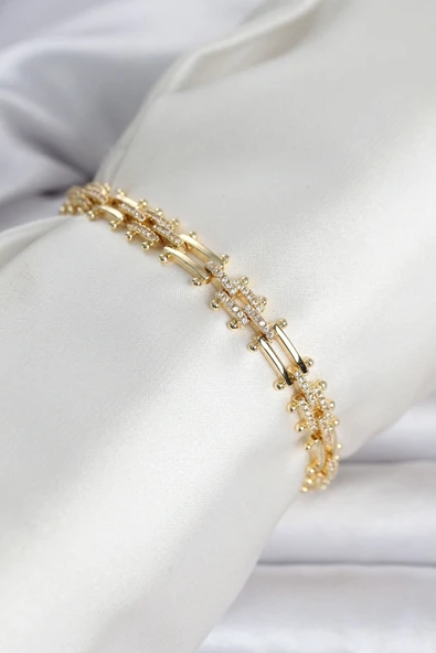 Pirinç Gold Renk Kare Zincir Model Zirkon Taşlı Kadın Bileklik ürün görseli 1