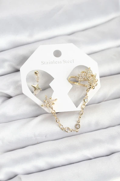 Kutup Yıldızı Model Pirinç Gold Renk Zincir Bağlantılı Ear Cuff Küpe Seti ürün görseli 1