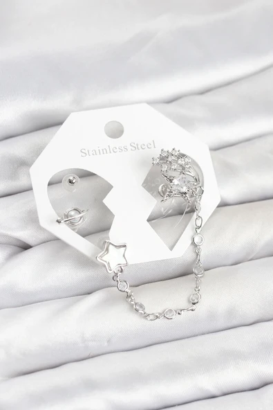 Pirinç Gümüş Renk Yıldız Model Zincir Bağlantılı Ear Cuff Küpe Seti ürün görseli 1