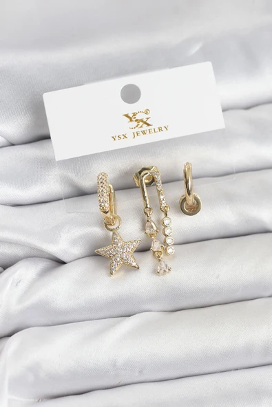 Pirinç Gold Renk Zirkon Taşlı Yıldız Model Ysx Trio Küpe Seti ürün görseli 1