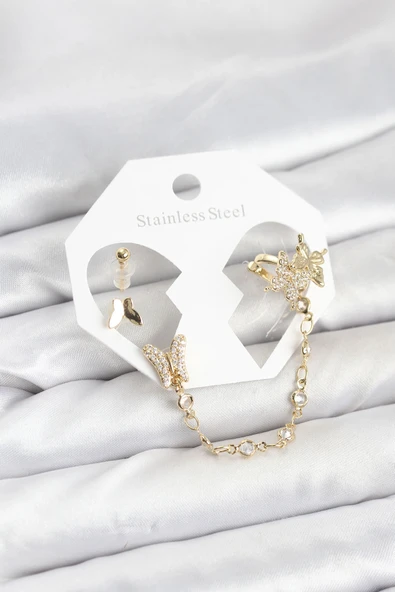 Pirinç Gold Renk Model Zincir Bağlantılı Ear Cuff Küpe Seti ürün görseli 1