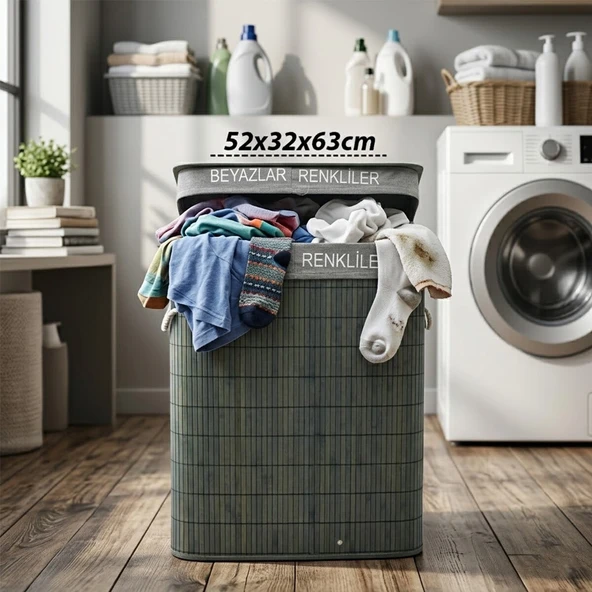 Gri̇ Di̇kdörtgen 2 Bölmeli̇ 52X32Cm Y:63Cm Bambu Ahşap Ki̇rli̇ Çamaşir Sepeti̇ Kumaş Çantali İp Kulp (5047) ürün görseli 1