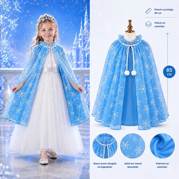 Kar Tanesi Desenli Elsa Pelerini - Astarlı Frozen Pelerini 85 Cm (5047) ürün görseli 1