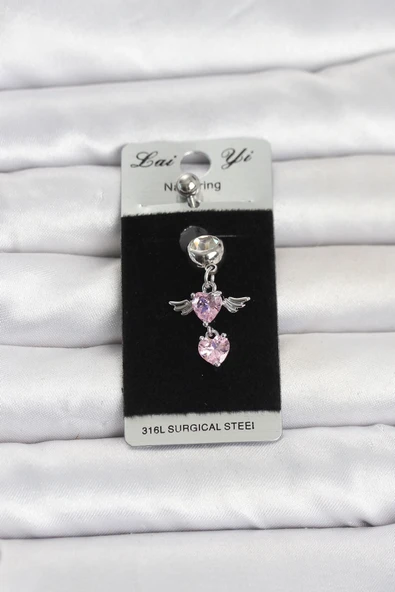 316L Cerrahi Çelik Pembe Zirkon Taşlı Kanat Model Göbek Piercing ürün görseli 1