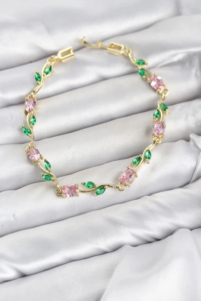 Pirinç Gold Renk Pembe Zirkon Taşlı Çiçek Model Kadın Bileklik ürün görseli 1