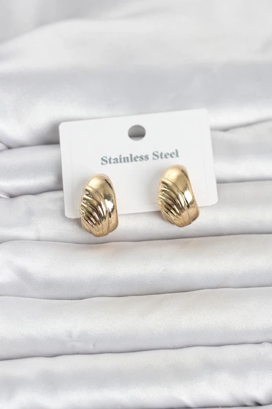 316L Çelik Gold Renk Desenli Yarım Halka Model Kadın Küpe ürün görseli 1
