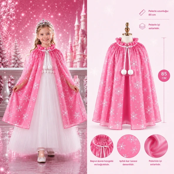 Kar Tanesi Desenli Pembe Elsa Pelerini - Astarlı Frozen Pelerini 85 Cm (5047) ürün görseli 1