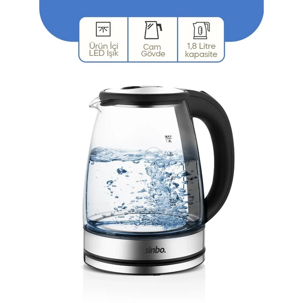 Cam - Ledli̇ Kettle 1.8Lt Gi̇zli̇ Rezi̇stans - 360 Derece Gövde 1500W Sk-8033 (5047) ürün görseli 1