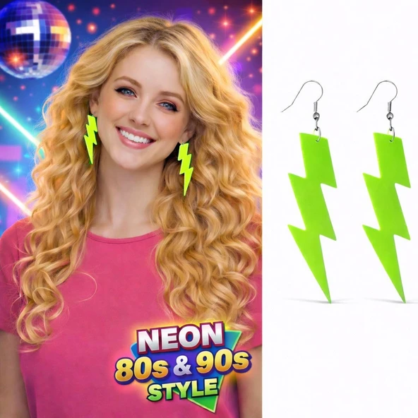80’Ler 90&Amp;Apos;Lar Neon Yeşil Şimşek Küpe 10 Cm (5047) ürün görseli 1