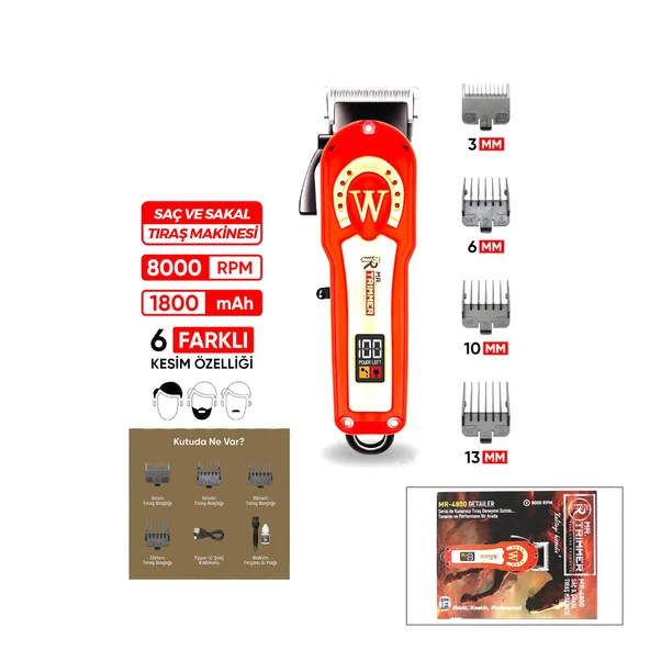 Saç - Sakal Kesme Traş Maki̇nesi̇ Ayarlanabi̇li̇r - 0,1Mm-0,5Mm 8000Rpm 6 Farkli Kesi̇m Mr-4800 (5047) ürün görseli 1
