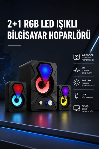 2+1 Rgb Led Işıklı Güçlü Bas Sistemli Bilgisayar Hoparlörü ürün görseli 1