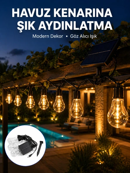 Güneş Enerjili Dış Mekan Led Ampul Işık Zinciri Bahçe Teras Dekorasyonu ürün görseli 1