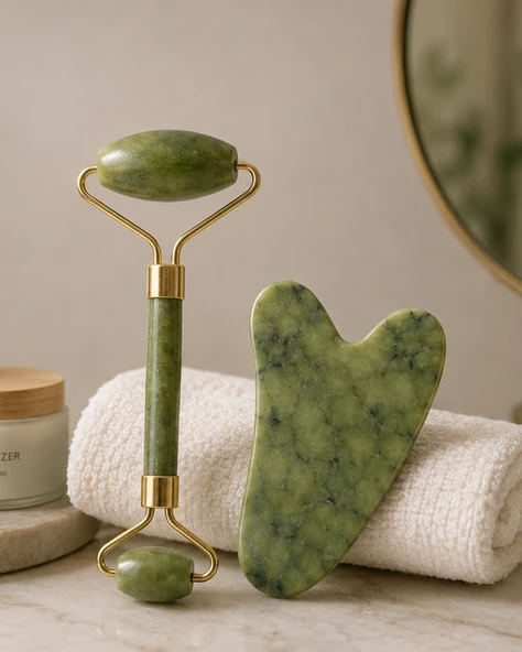 Jade Roller Gua Sha Taşı Yüz Bakım Masaj Seti ürün görseli 1