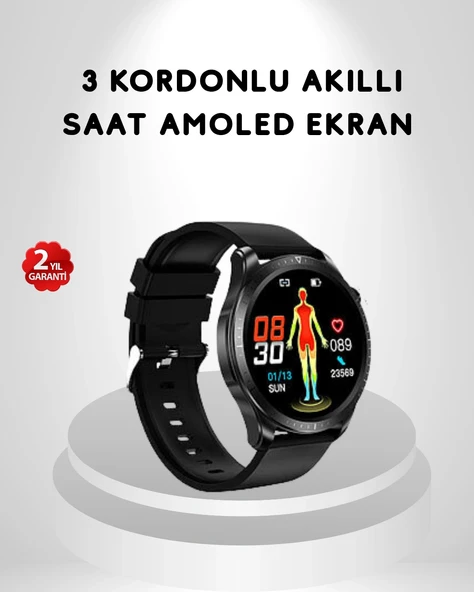Ekranlı Akıllı Saat – 3 Kordon Seçenekli, Suya Dayanıklı, Atış Uyku Takip Özellikli ürün görseli 1