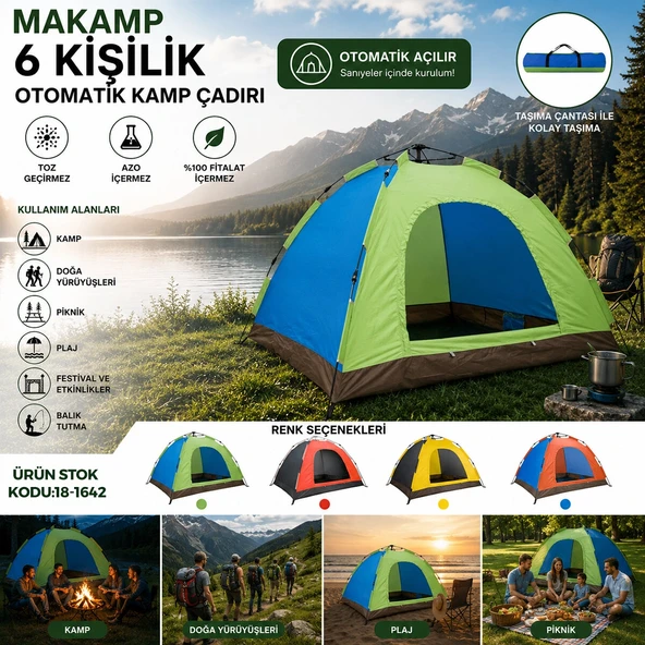 6 Ki̇şi̇li̇k Toz Geçi̇rmez 220Cmx250Cmx165Cm Otomati̇k Kamp Çadir Herhangi̇ Bi̇r Renk Gönderi̇li̇r (5047) ürün görseli 1